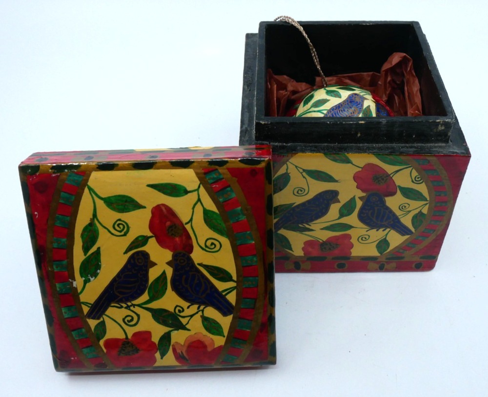 Kashmiri Paper Machè Wood Box And Ornament Blue Birds Floral Hand Painted